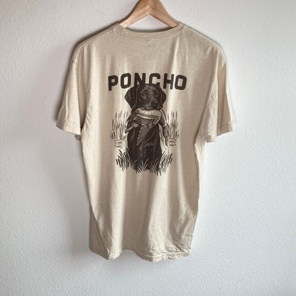 Poncho T Shirt Mens Large Beige Dog Duck Hunting Graphic Short Sleeve Crew Neck